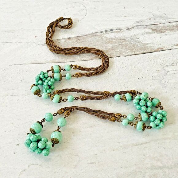 VTG Art Deco Czech Peking Jade Long Flapper Necklace Bead Cluster Stations 35"Lg - Picture 9 of 11